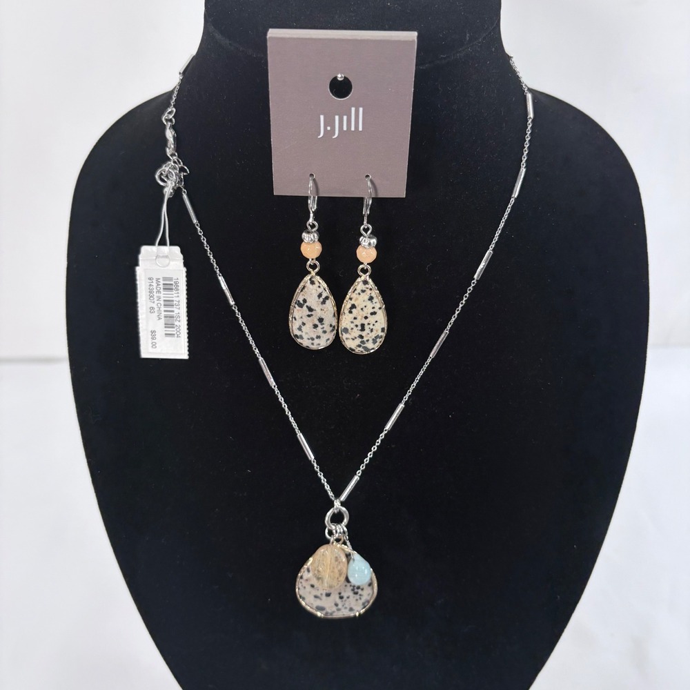 J. Jill Jewelry Set Silver Dalmatian Jasper Stone Necklace and Earrings NEW